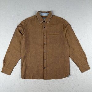 32 Bar Blue Button Up Shirt Men's Medium Metallic Copper Bronze Cotton Linen